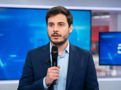 Lorrain Sénéchal tient un microphone dans un studio de télévision