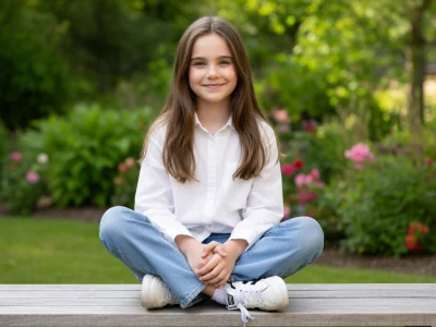 Juliane Lepoureau sourit assise en tailleur sur un banc dans un jardin