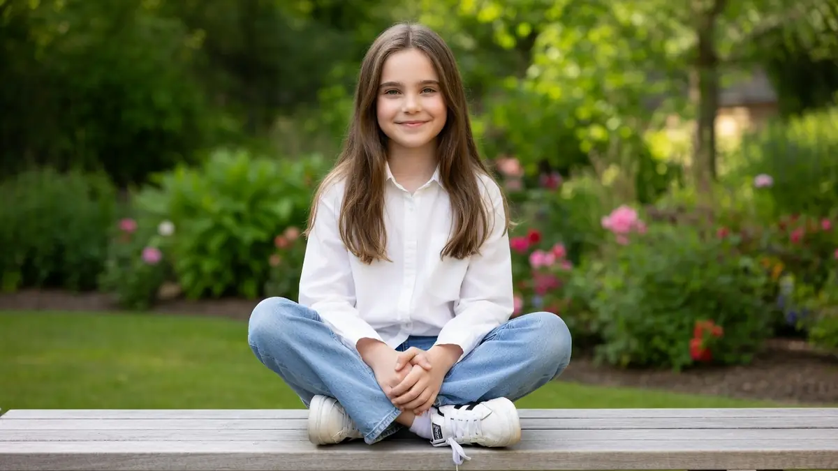Juliane Lepoureau sourit assise en tailleur sur un banc dans un jardin
