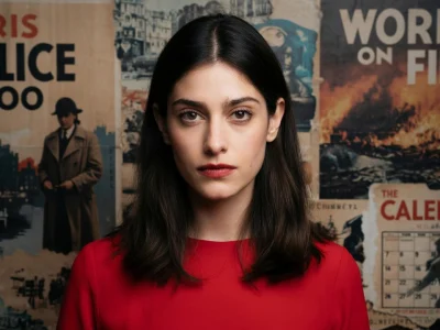 Portrait de face de l'actrice Eugénie Derouand posant devant un mur décoré d'affiches anciennes
