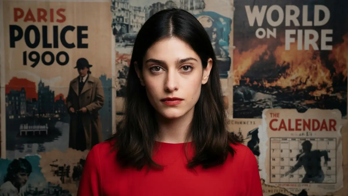 Portrait de face de l'actrice Eugénie Derouand posant devant un mur décoré d'affiches anciennes
