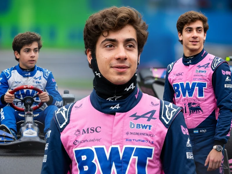 Franco Colapinto pose sur un circuit aux côtés de deux jeunes pilotes