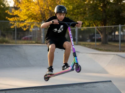 Un enfant saute avec sa trottinette freestyle dans un skatepark