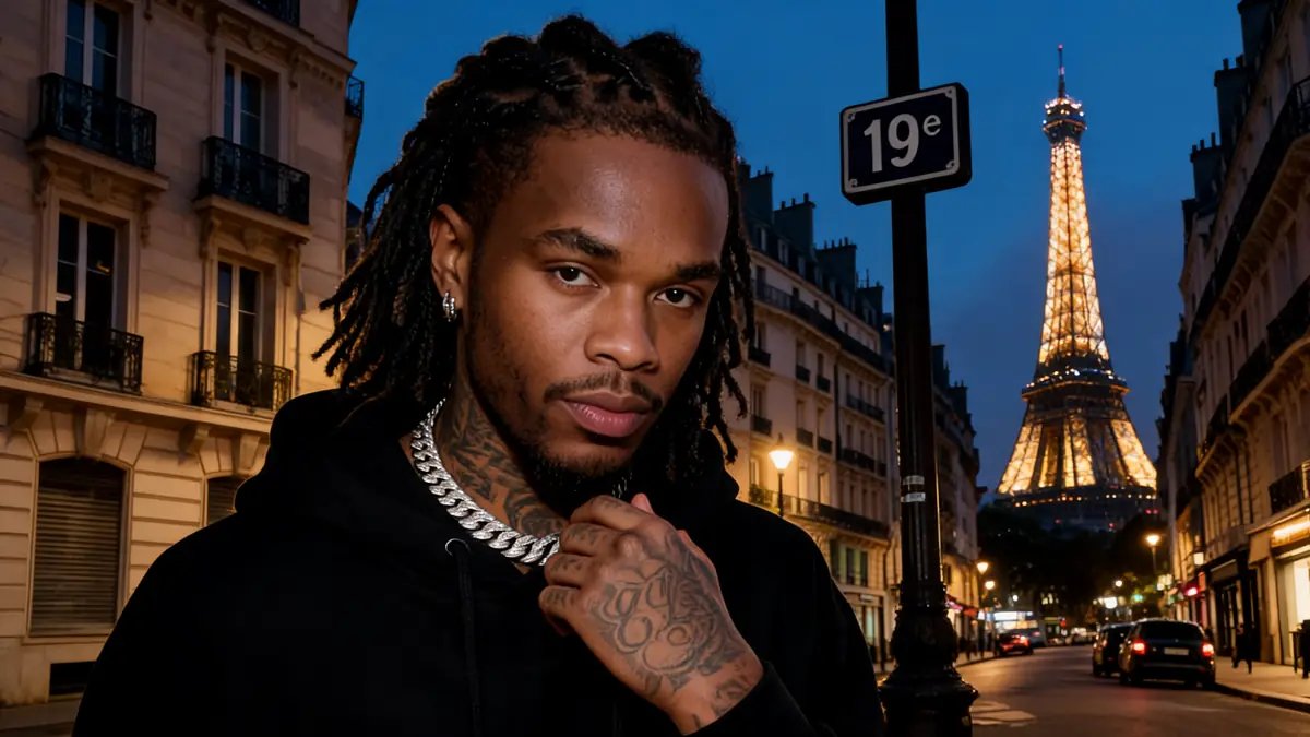 nono La Grinta se tient dans une rue parisienne la nuit avec la tour Eiffel illuminée en arrière-plan