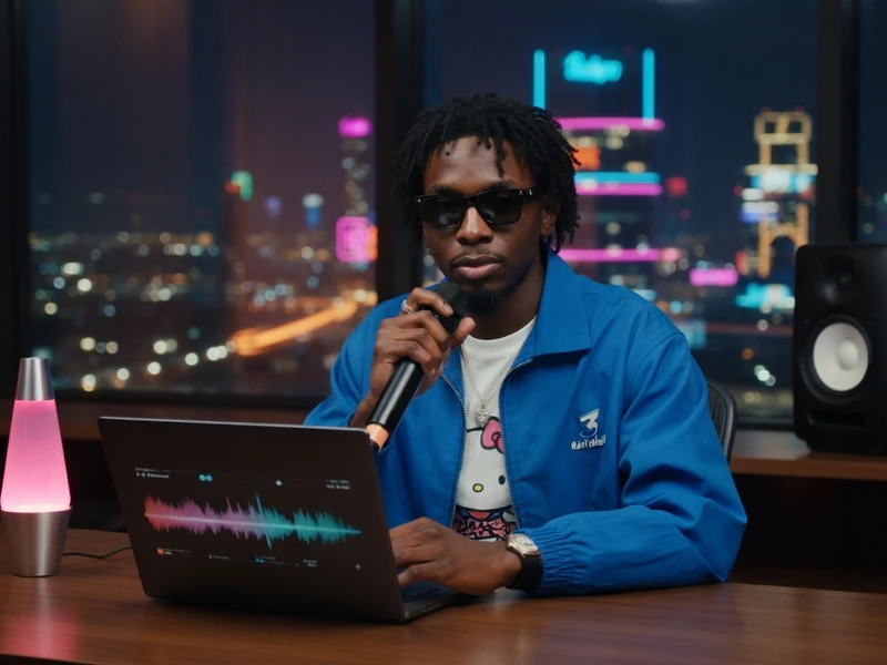 Rambo Goyard interprète un titre au micro dans son studio face à la ville de nuit
