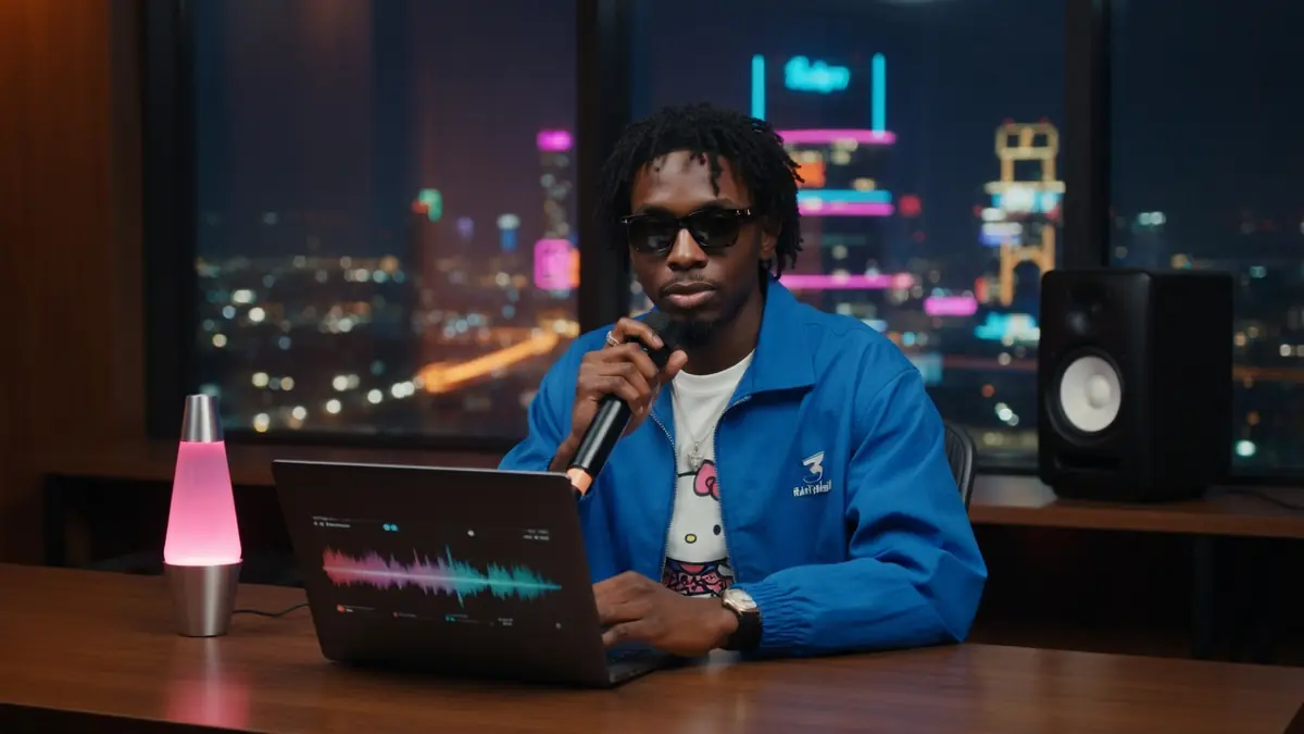 Rambo Goyard interprète un titre au micro dans son studio face à la ville de nuit