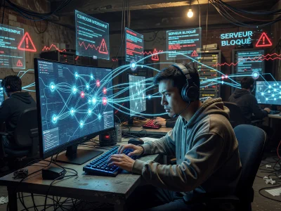 Un jeune homme en hoodie et casque gère senpai streaming dans une salle d'ordinateurs connectés par des lignes lumineuses