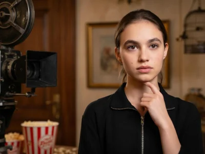 Portrait de l'actrice Billie Blain posant devant une caméra de cinéma vintage dans un décor intérieur