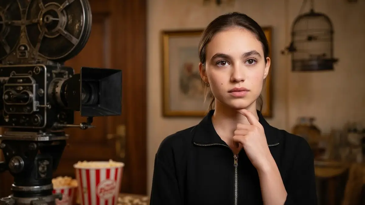 Portrait de l'actrice Billie Blain posant devant une caméra de cinéma vintage dans un décor intérieur