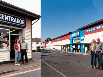 Deux couples posent devant le petit puis le grand magasin de centrakor Janzé