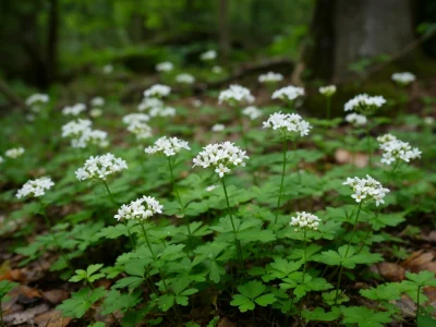 Sol forestier recouvert d'aspérule odorante en fleurs