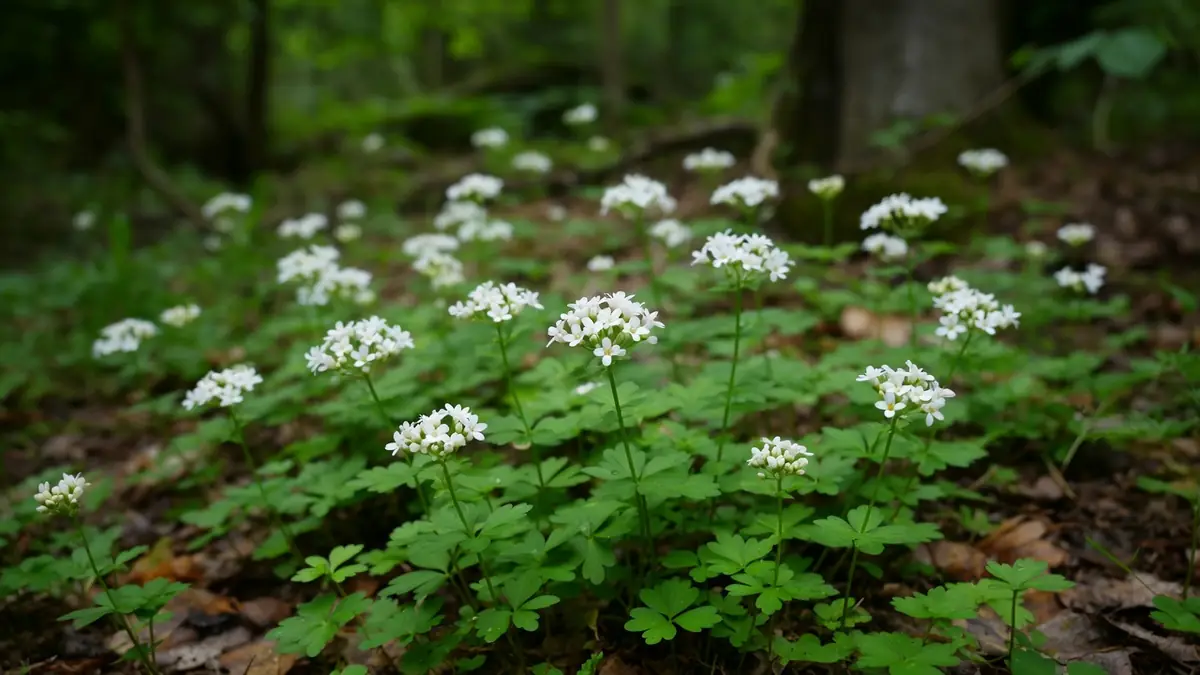 Sol forestier recouvert d'aspérule odorante en fleurs