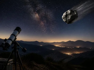 Télescope observant un astéroïde Terre dans le ciel étoilé au-dessus d'un paysage montagneux