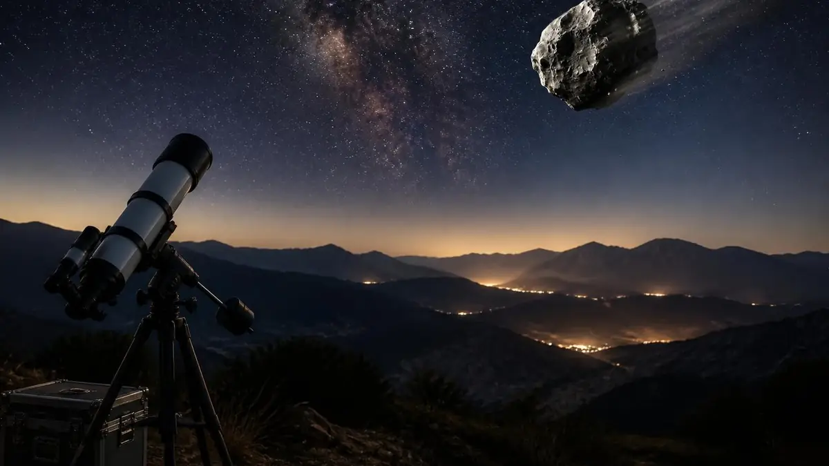 Télescope observant un astéroïde Terre dans le ciel étoilé au-dessus d'un paysage montagneux