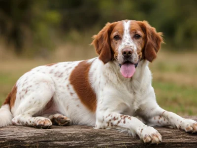 Un chien Épagneul breton est allongé sur du bois avec la langue pendante