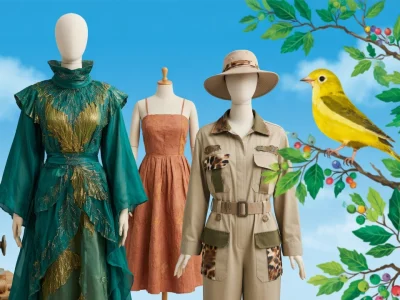Des mannequins présentent des tenues mode pour le printemps 2026 près d'un oiseau sur une branche fleurie