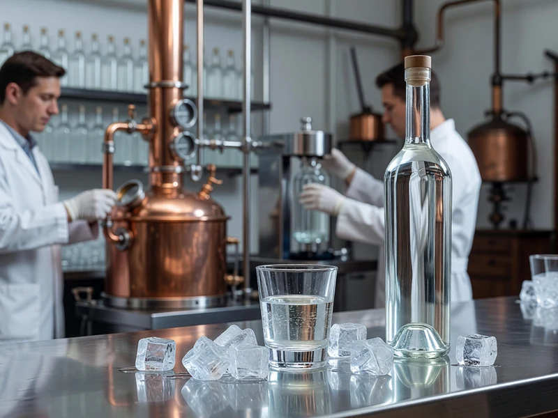 Des experts produisent le Get 31 dans une distillerie avec alambics en cuivre bouteille et glaçons au premier plan
