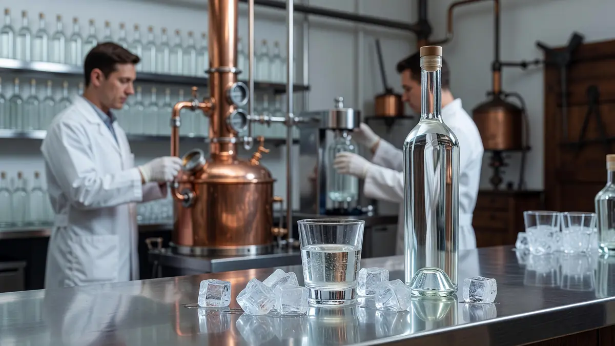 Des experts produisent le Get 31 dans une distillerie avec alambics en cuivre bouteille et glaçons au premier plan