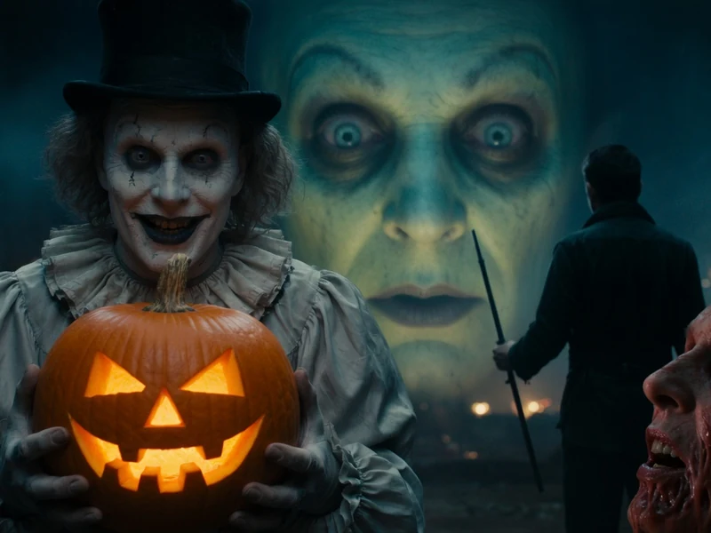 Un clown terrifiant tient une citrouille allumée avec des figures d'horreur pour la sortie cinéma octobre 2026