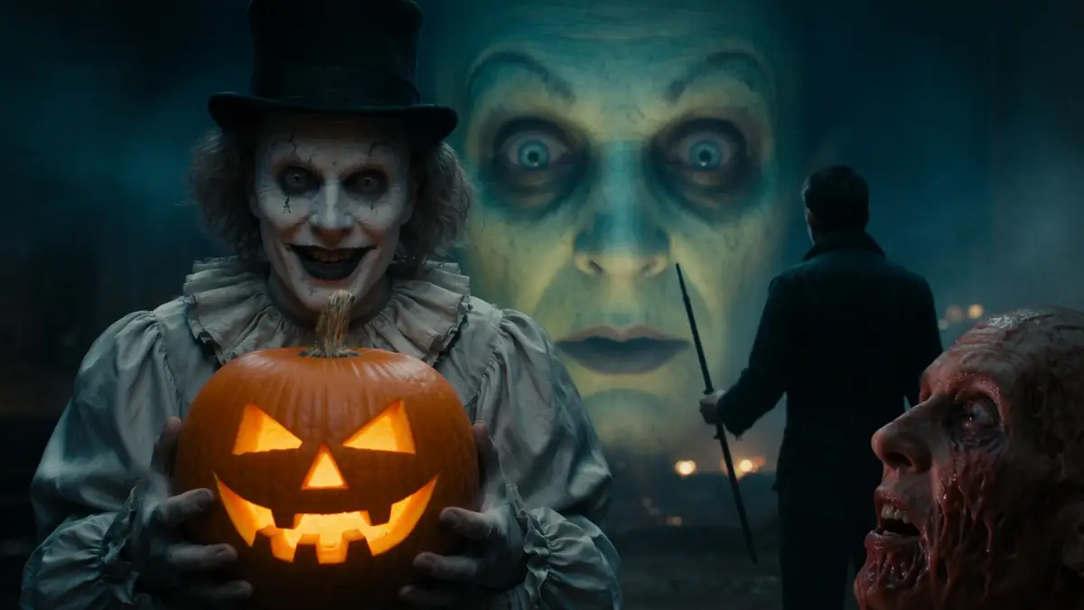 Un clown terrifiant tient une citrouille allumée avec des figures d'horreur pour la sortie cinéma octobre 2026