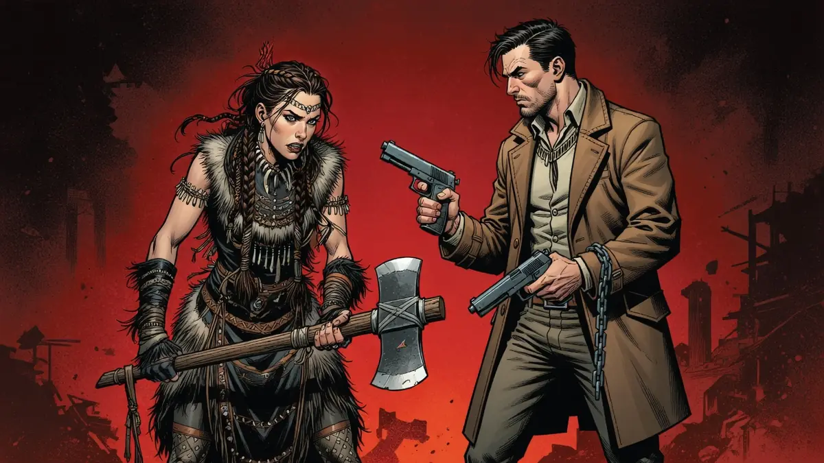 Les deux combattants se tiennent prêts à l'action dans The Old Guard 3