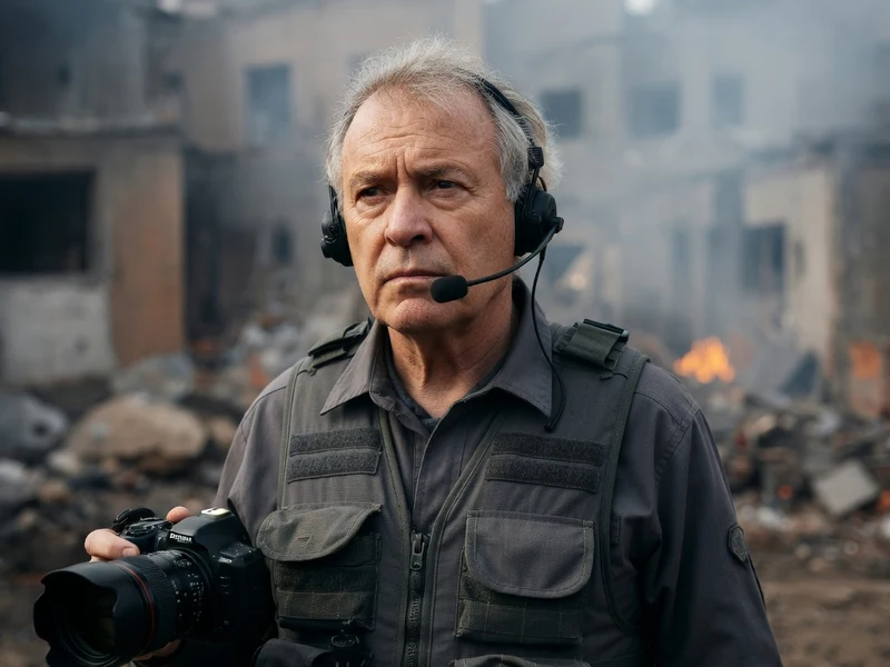 Jean Bertolino en gilet tactique tenant un appareil photo au milieu de ruines