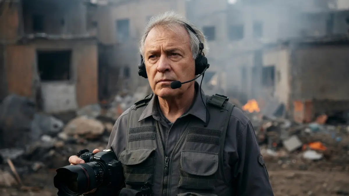 Jean Bertolino en gilet tactique tenant un appareil photo au milieu de ruines