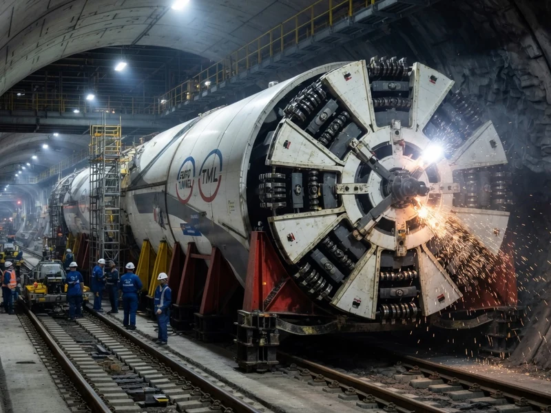 Un puissant tunnelier sous La Manche avance dans le tunnel avec des étincelles et des travailleurs en tenue de sécurité