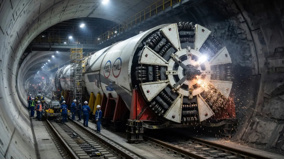 Un puissant tunnelier sous La Manche avance dans le tunnel avec des étincelles et des travailleurs en tenue de sécurité