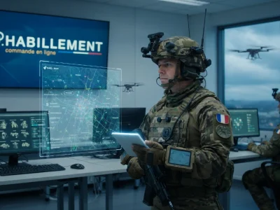 Un soldat muni d'une tablette supervise des opérations dans un centre de commandement pour e habillement