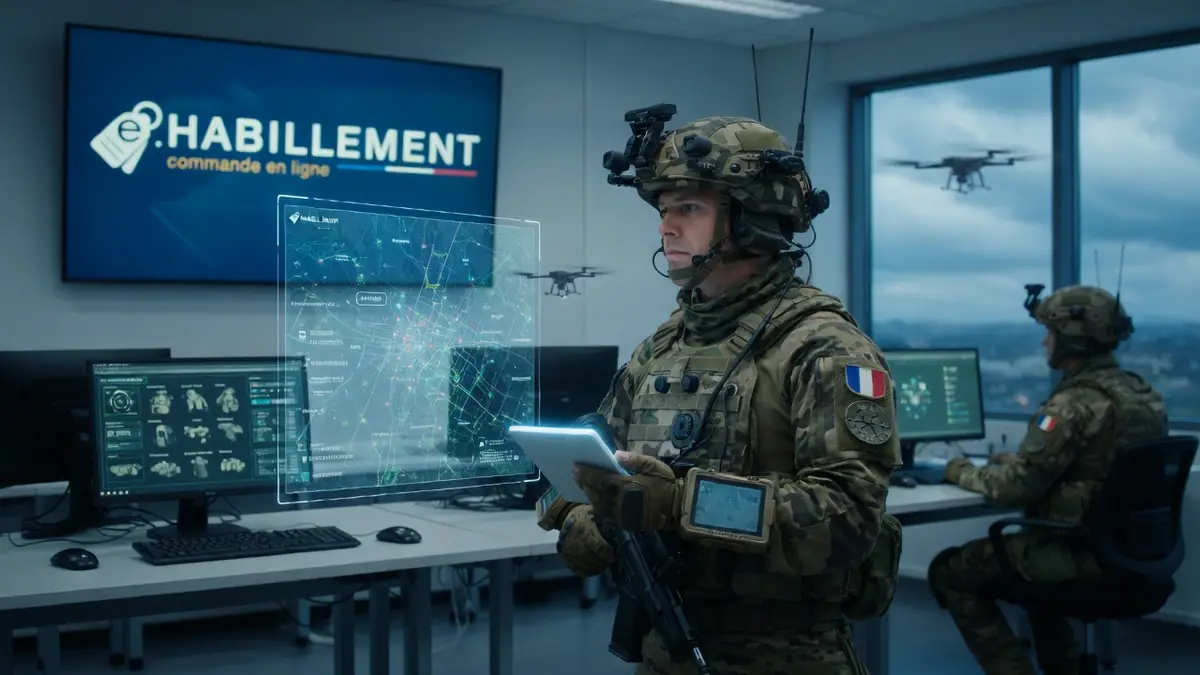 Un soldat muni d'une tablette supervise des opérations dans un centre de commandement pour e habillement