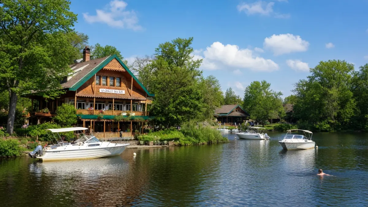 Le chalet des Îles se dresse au bord d'un lac avec des bateaux amarrés et des arbres verts