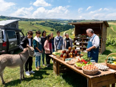Les citadins viennent camper à la ferme et découvrent un âne près d'une table de produits frais