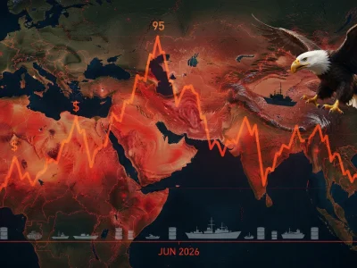 Carte mondiale rouge avec aigle et graphique des variations du prix du pétrole brut