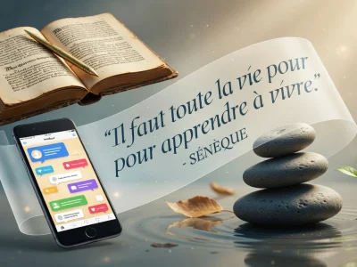L'illustration mêle un livre ancien, un smartphone et des pierres zen pour un proverbe pour la vie