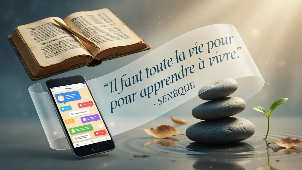 L'illustration mêle un livre ancien, un smartphone et des pierres zen pour un proverbe pour la vie