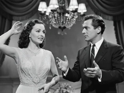 Jeanne Mauchain lève la main face à un homme gesticulant dans un décor luxueux