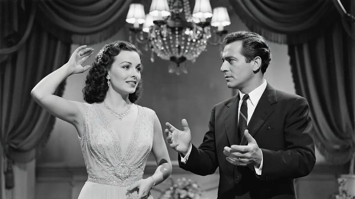Jeanne Mauchain lève la main face à un homme gesticulant dans un décor luxueux