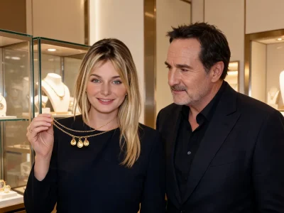 Alizée Guinochet tient un collier dans une bijouterie aux côtés d'un homme