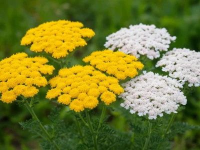 Fleurs jaunes et blanches de la plante Achillée sur fond de verdure