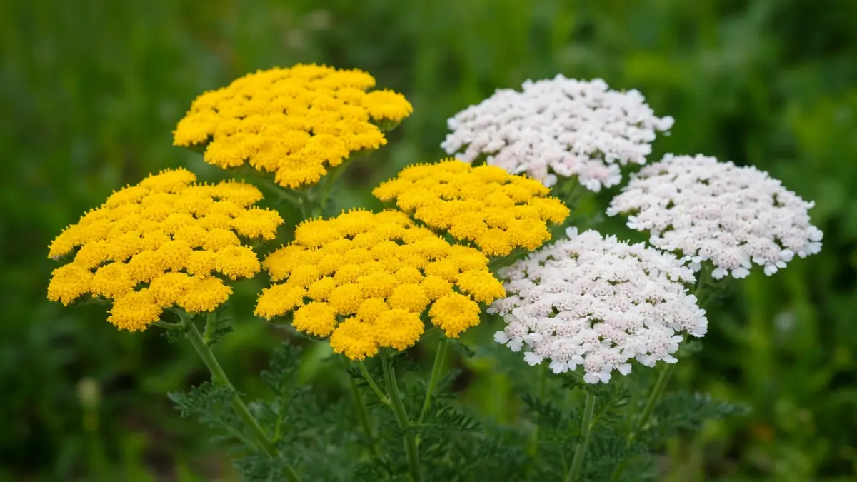 Fleurs jaunes et blanches de la plante Achillée sur fond de verdure