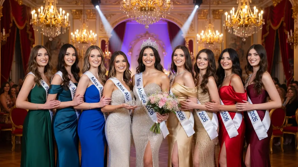 Les candidates posent avec miss Alsace 2026 couronnée au centre de la scène