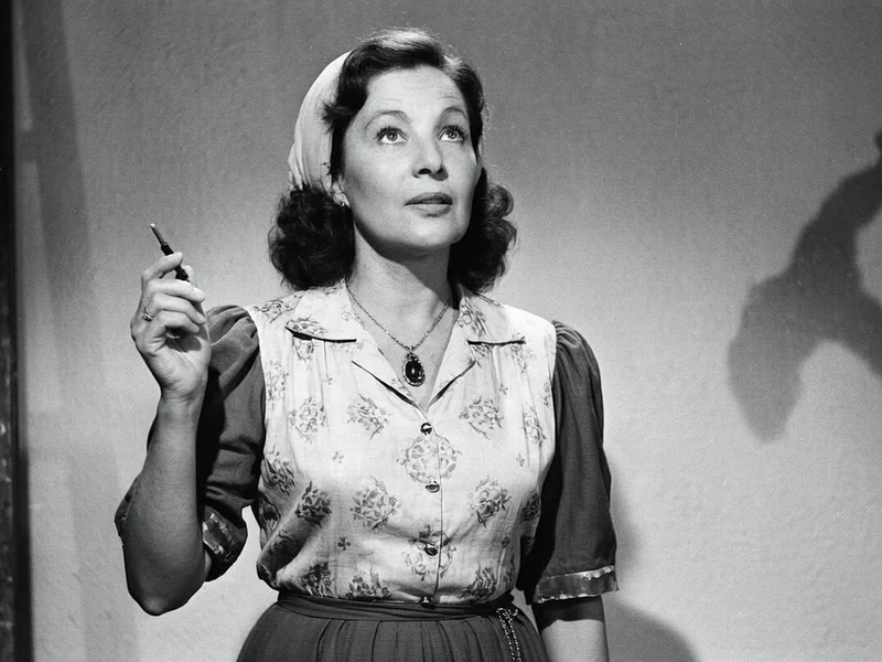 Lise Bourdin tient une cigarette et lève les yeux dans un portrait vintage en noir et blanc