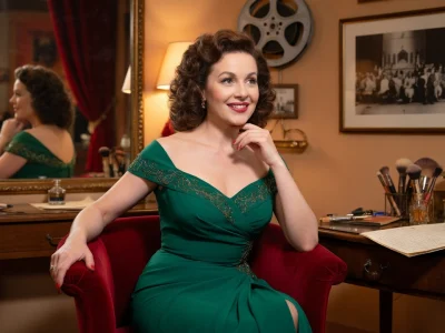 Lysiane Rey en robe verte sourit assise dans un fauteuil rouge de sa loge