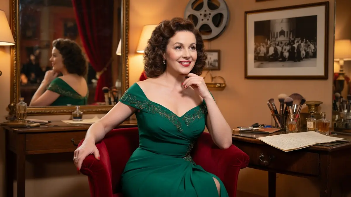 Lysiane Rey en robe verte sourit assise dans un fauteuil rouge de sa loge