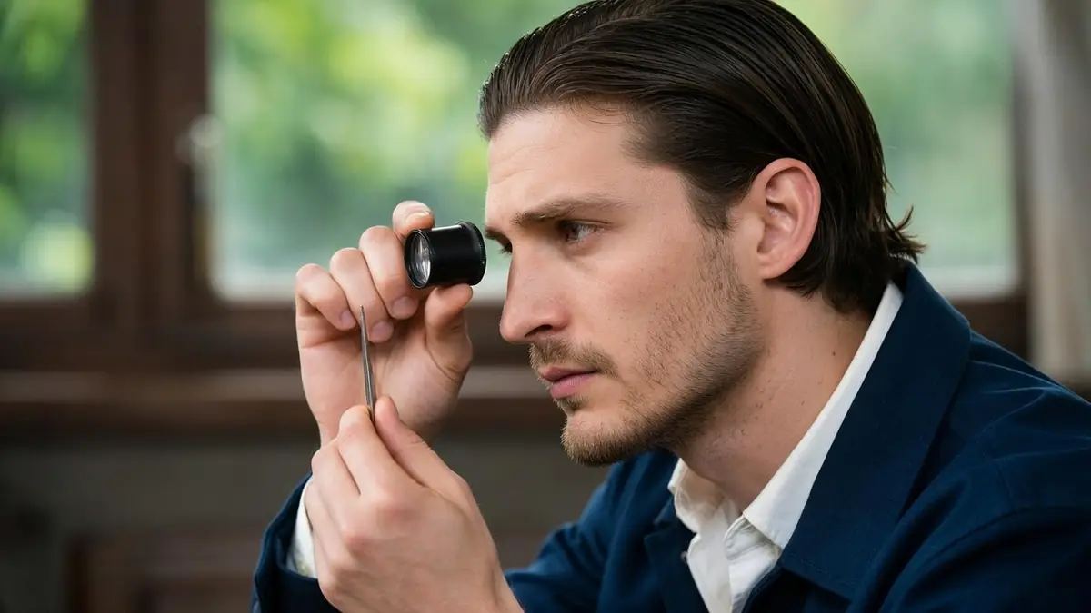 Un homme examine attentivement une pierre précieuse avec une loupe dans le diamant noir film