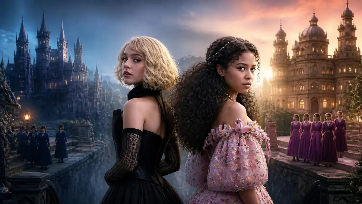Deux jeunes filles devant des châteaux opposés illustrent l'univers de l'École du Bien et du Mal