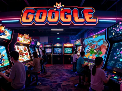 Des joueurs s'adonnent au jeu gratuit sur Google sur des bornes d'arcade illuminées de couleurs vives