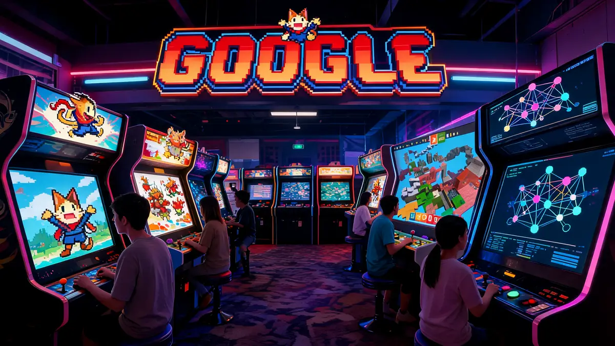 Des joueurs s'adonnent au jeu gratuit sur Google sur des bornes d'arcade illuminées de couleurs vives