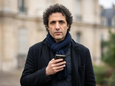Mohamed Ulad-Mohand se tient devant un bâtiment en tenant un smartphone